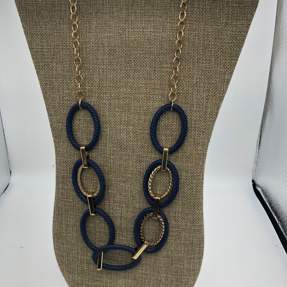 Navy Blue & Gold Tone  Statement Necklace Earrings - Picture 4 of 6